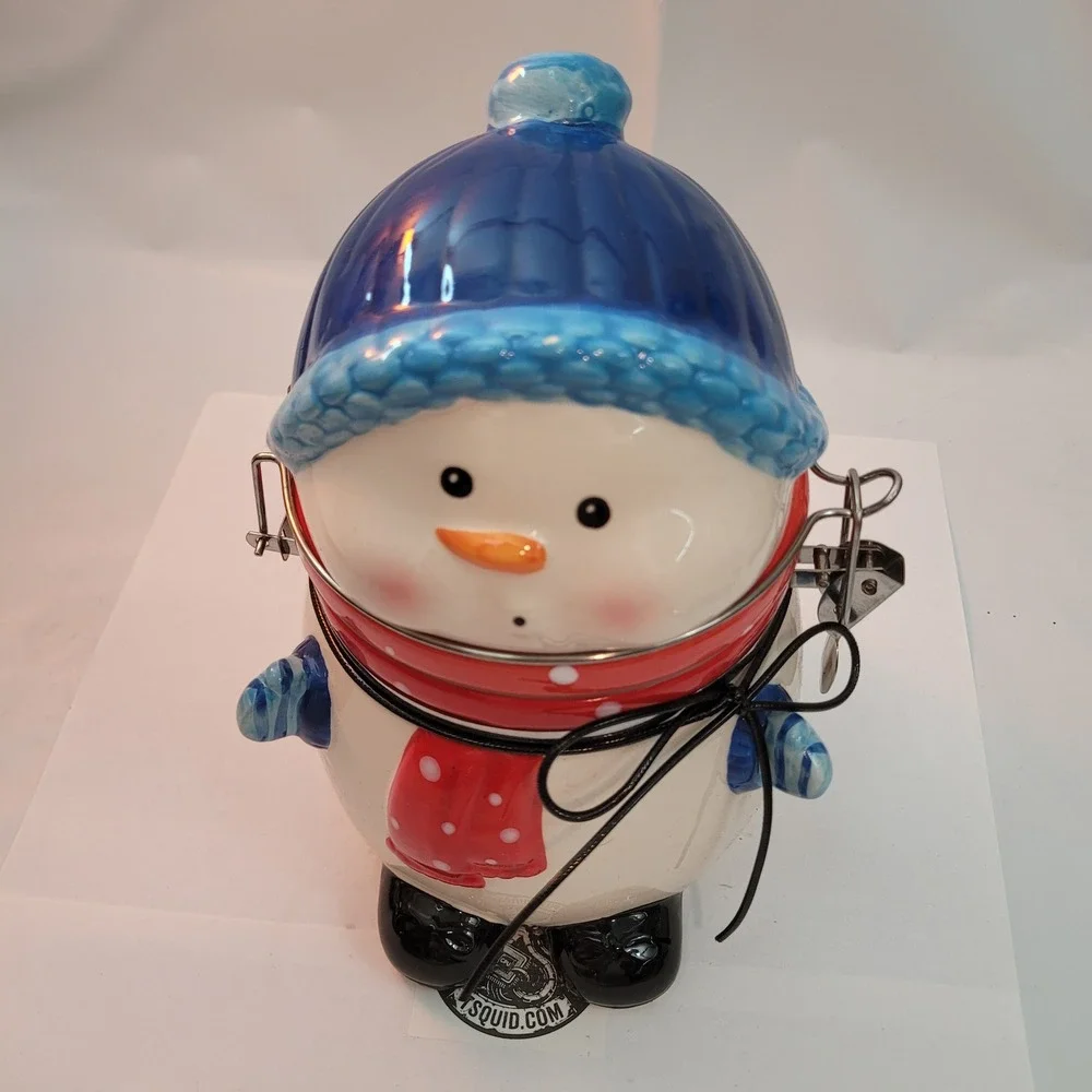 ConAgra Foods‎ Snowman Ceramic Cookie Jar Canister Blue Hat Red Scarf Hinge Lid